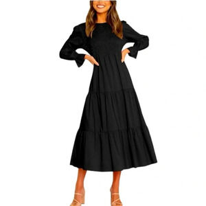 NWT Womens Long Puff Sleeve Crew Neck Smocked Elastic Waist Tiered Midi …